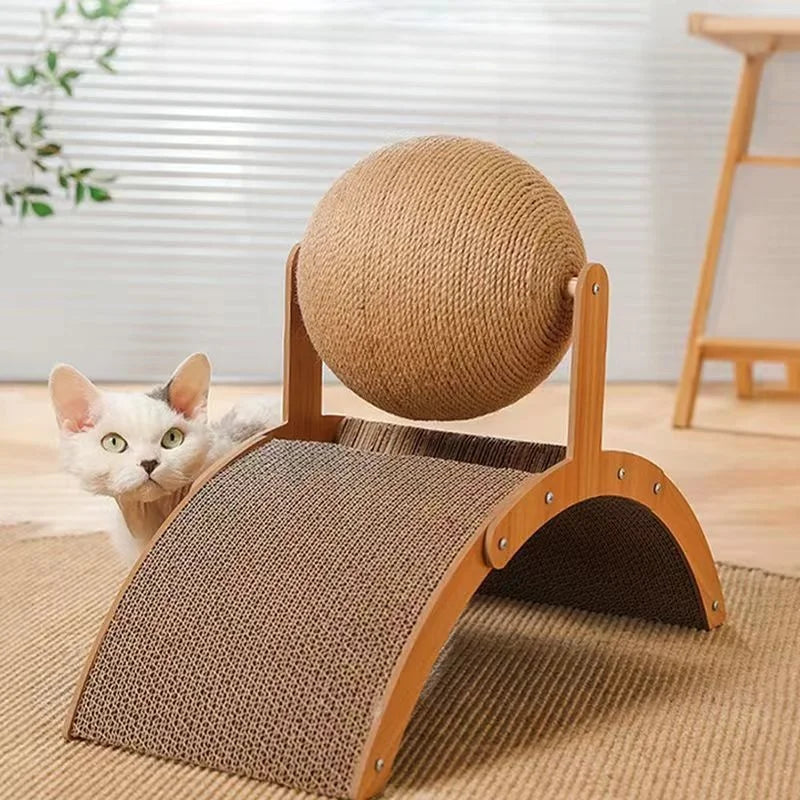 2-in-1 Cat Scratcher: Spinning Sisal Ball + Solid Wood Board – Durable and Anti-Stress Design