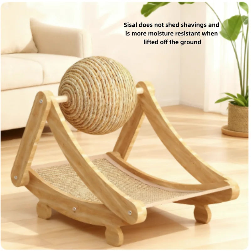 2-in-1 Cat Scratcher: Spinning Sisal Ball + Solid Wood Board – Durable and Anti-Stress Design