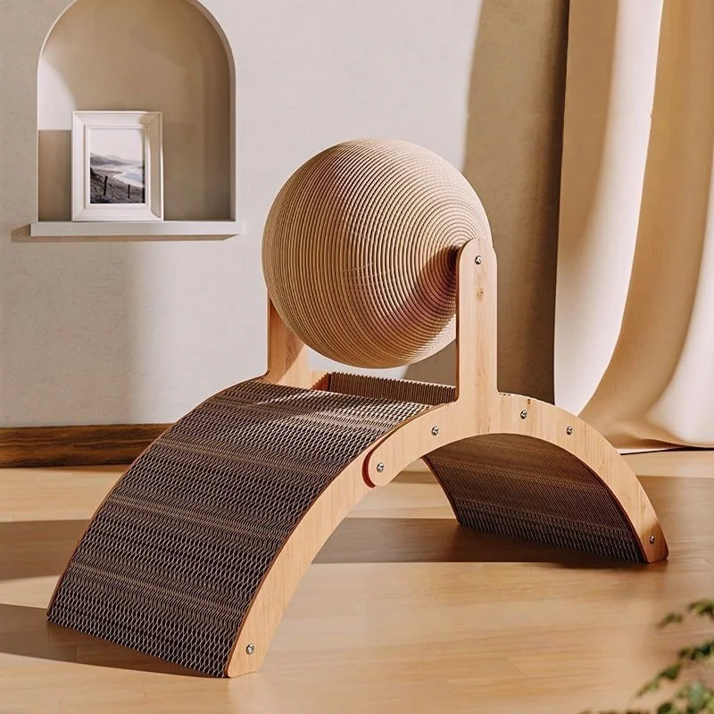 2-in-1 Cat Scratcher: Spinning Sisal Ball + Solid Wood Board – Durable and Anti-Stress Design