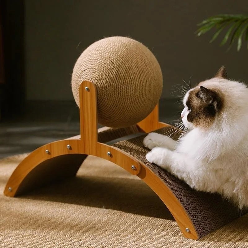 2-in-1 Cat Scratcher: Spinning Sisal Ball + Solid Wood Board – Durable and Anti-Stress Design